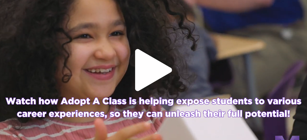 Photo show smiling girl with play arrow. Clicking image brings you to video about partnership with Adopt A Class. Text on screen reads Watch how Adopt A Class is helping expose students to various car